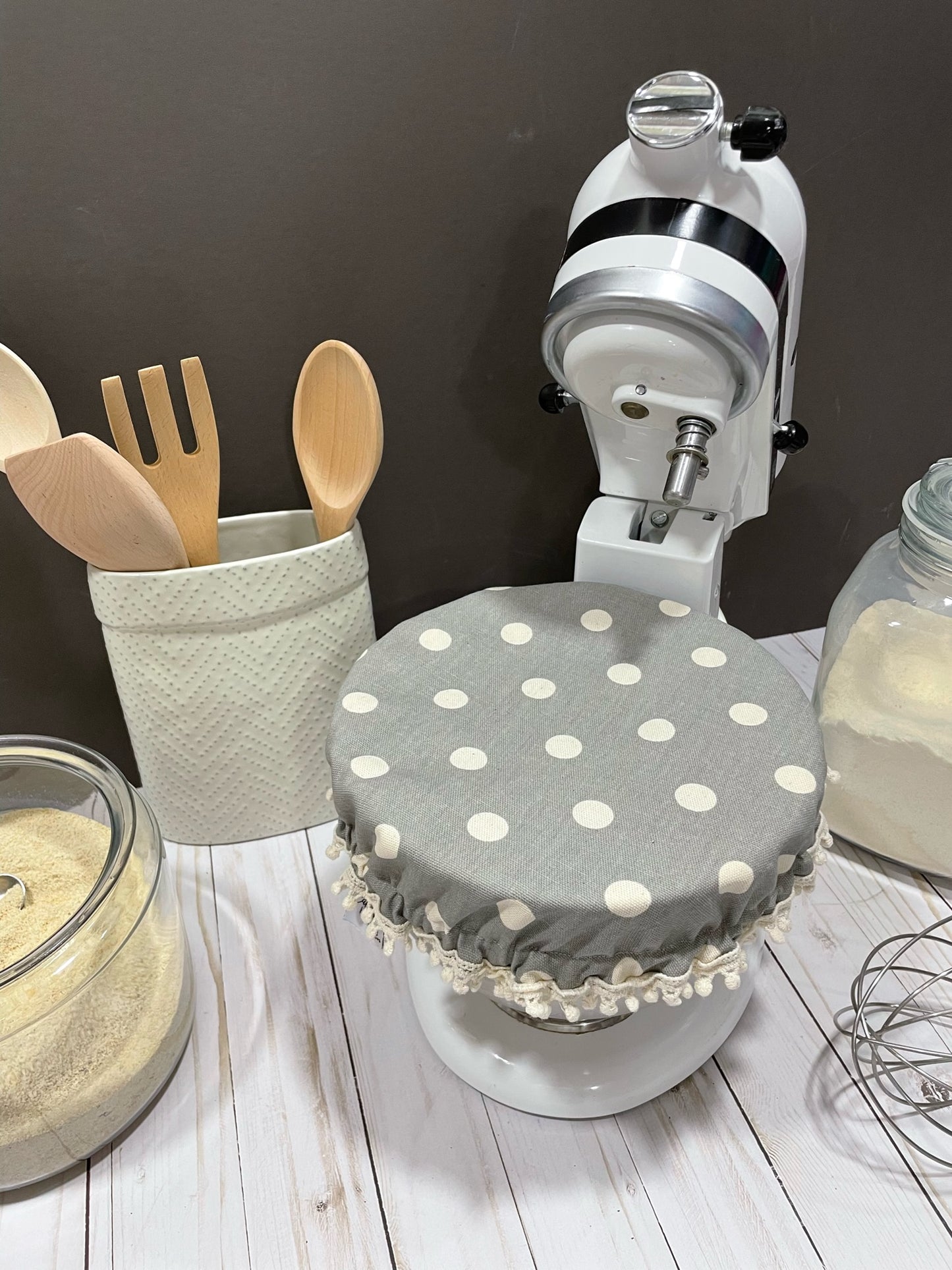 Kitchen Stand mixer bowl cover (grey/cream polka dot fabric)