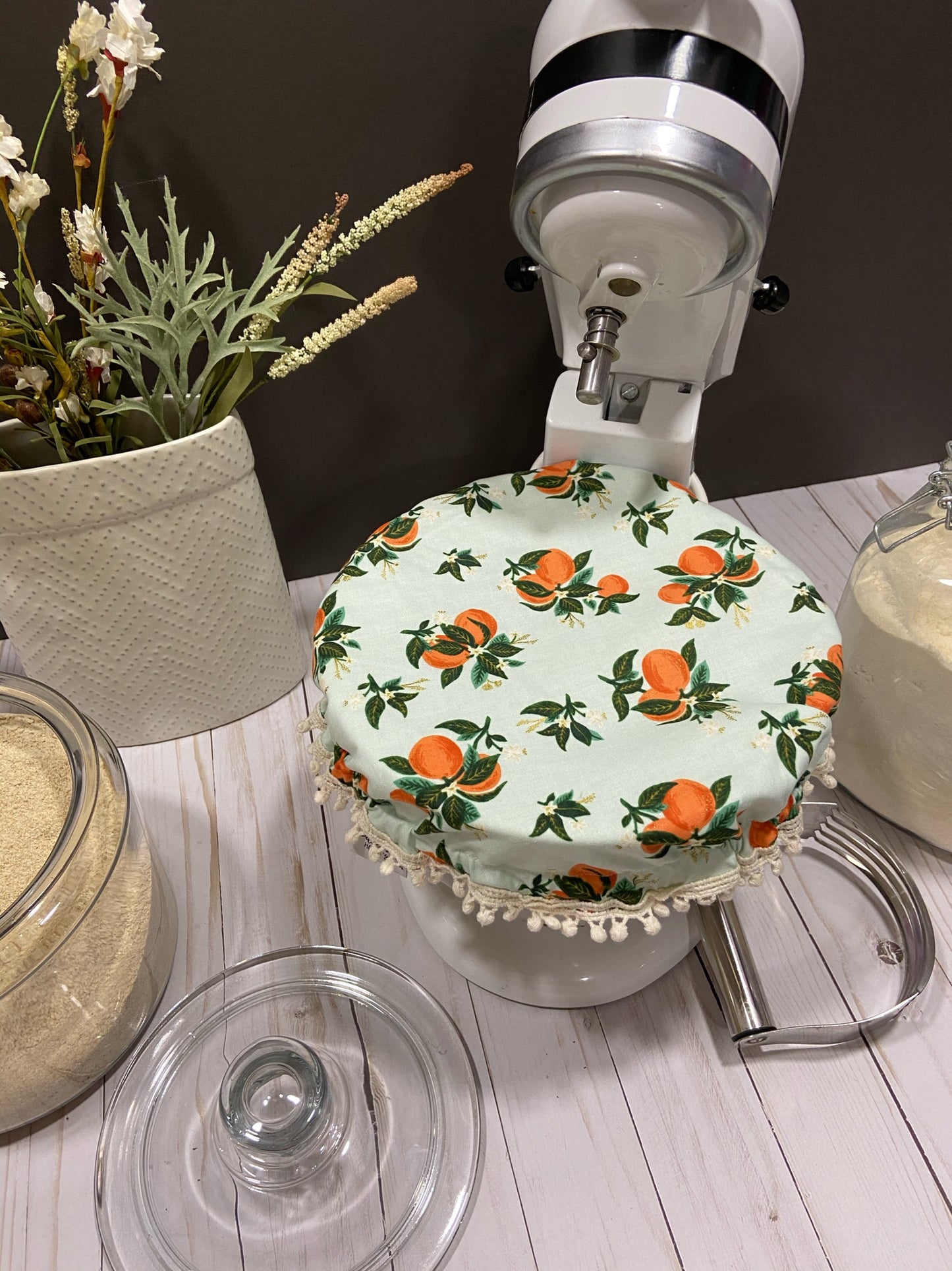 Kitchen Stand mixer bowl cover (Primavera Citrus Blossom Orange fabric)