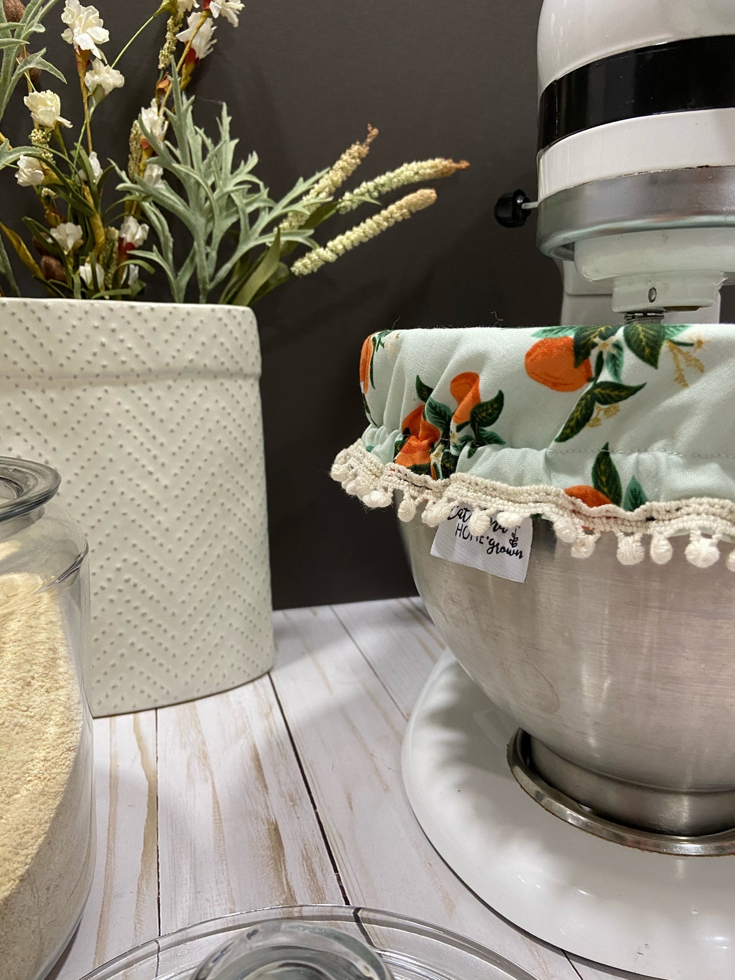 Kitchen Stand mixer bowl cover (Primavera Citrus Blossom Orange fabric)